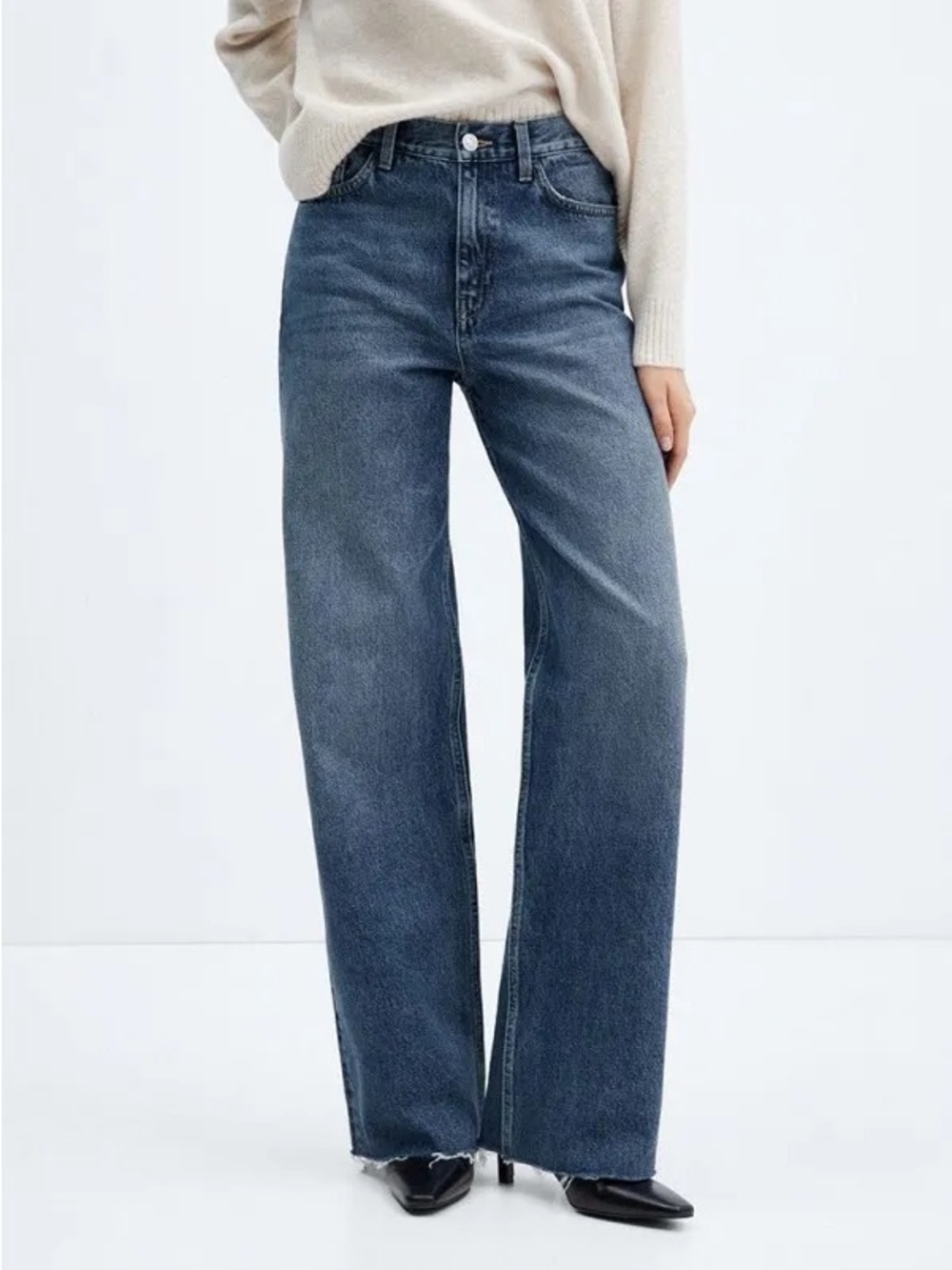 Mango Wide-Leg High Rise Jeans in Dark Blue